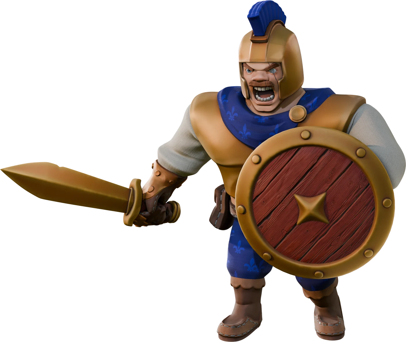 A shouting swordsman in a bronze helmet, charging with sword and round shield